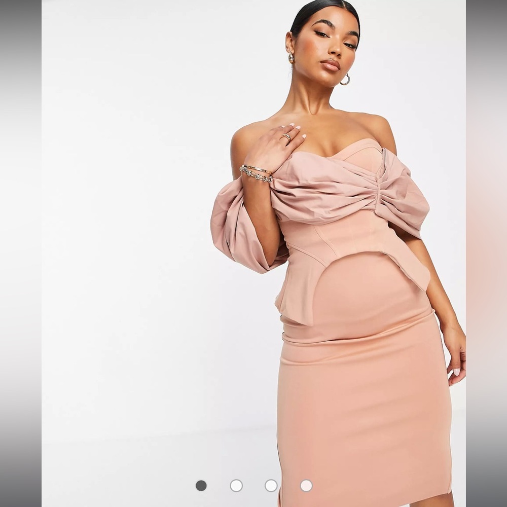 ASOS DESIGN poplin overlay corseted pencil midi dress in camel